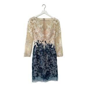 NWT Lara Designs Lace Embroidered Dress Ivory Navy Size 2 Long Sleeve Cocktail